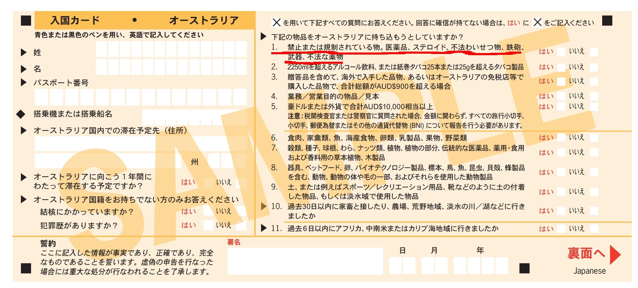 入国カード表面